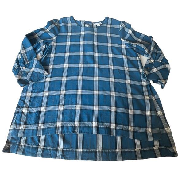 J. Jill Atlantic Plaid Tunic Top size XS Petites Hi-lo Button Back blue - Picture 7 of 15